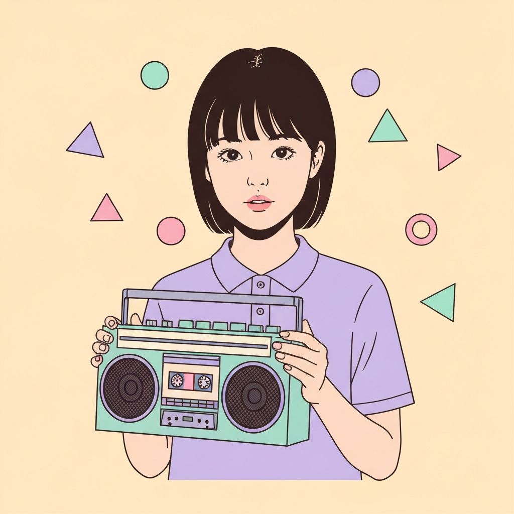 ラジカセでカセットテープを再生する昭和アイドル風の女性 - catittoで声を届けるイメージ